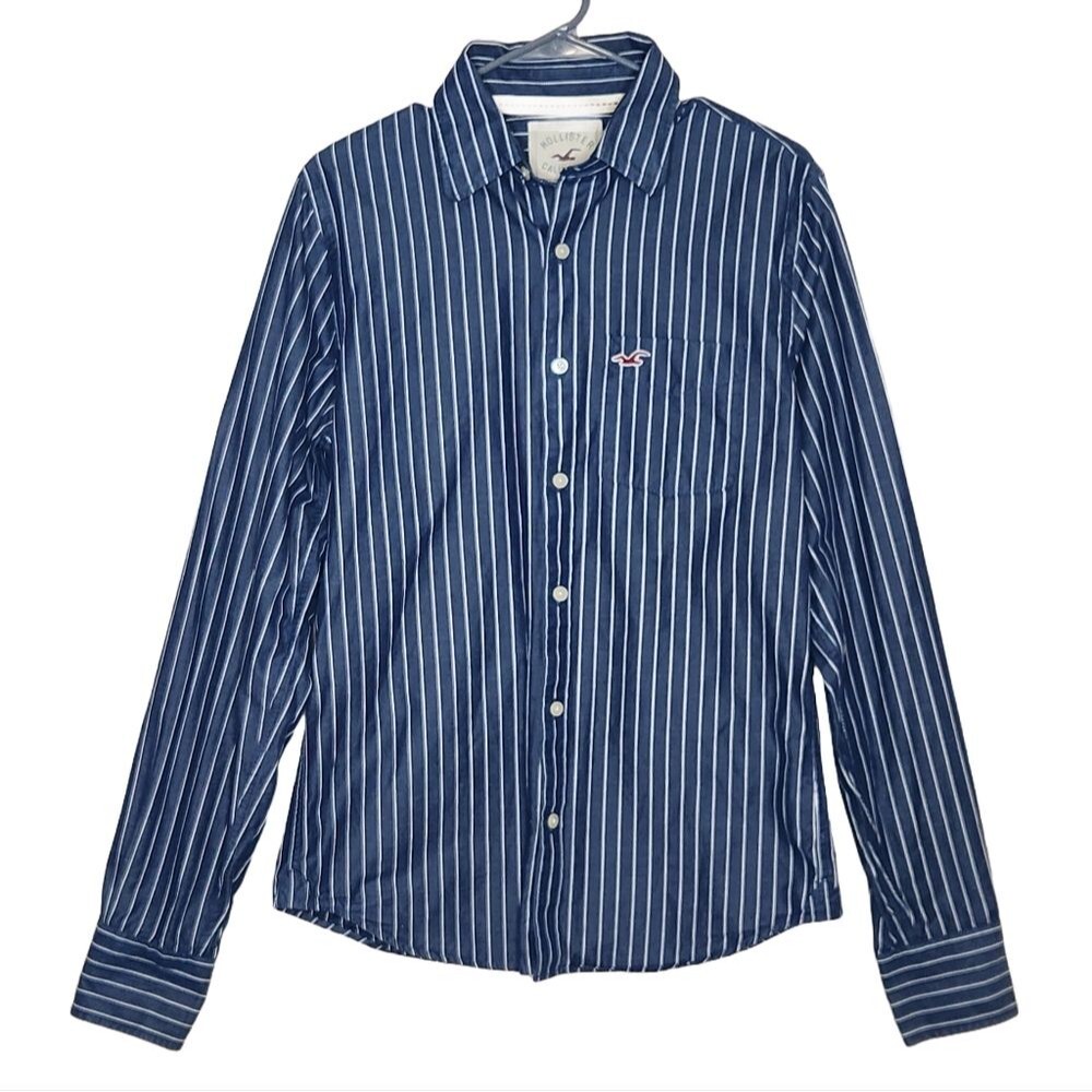 Hollister Y2K Navy White Pinstripe Button Down Shirt Men's Medium Nautical